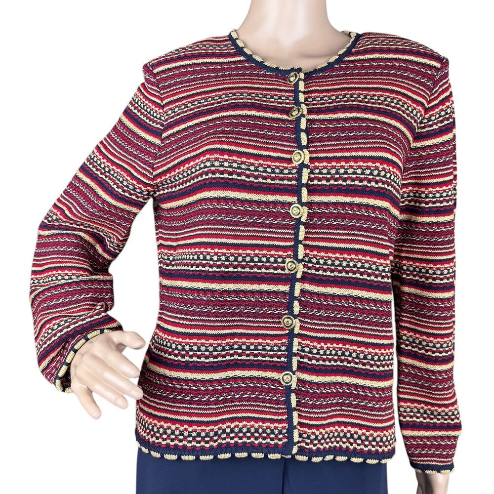 Vintage St John Marie Gray Striped Metallic Knit Cardigan Gold Logo Buttons M